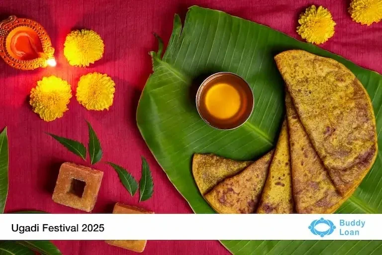 Ugadi festival 2025 date, time, significance, and puja vidhi information displayed in a colorful graphic.