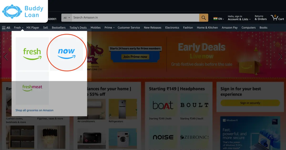 Amazon Now option in Amazon website Amazon Now option in Amazon website