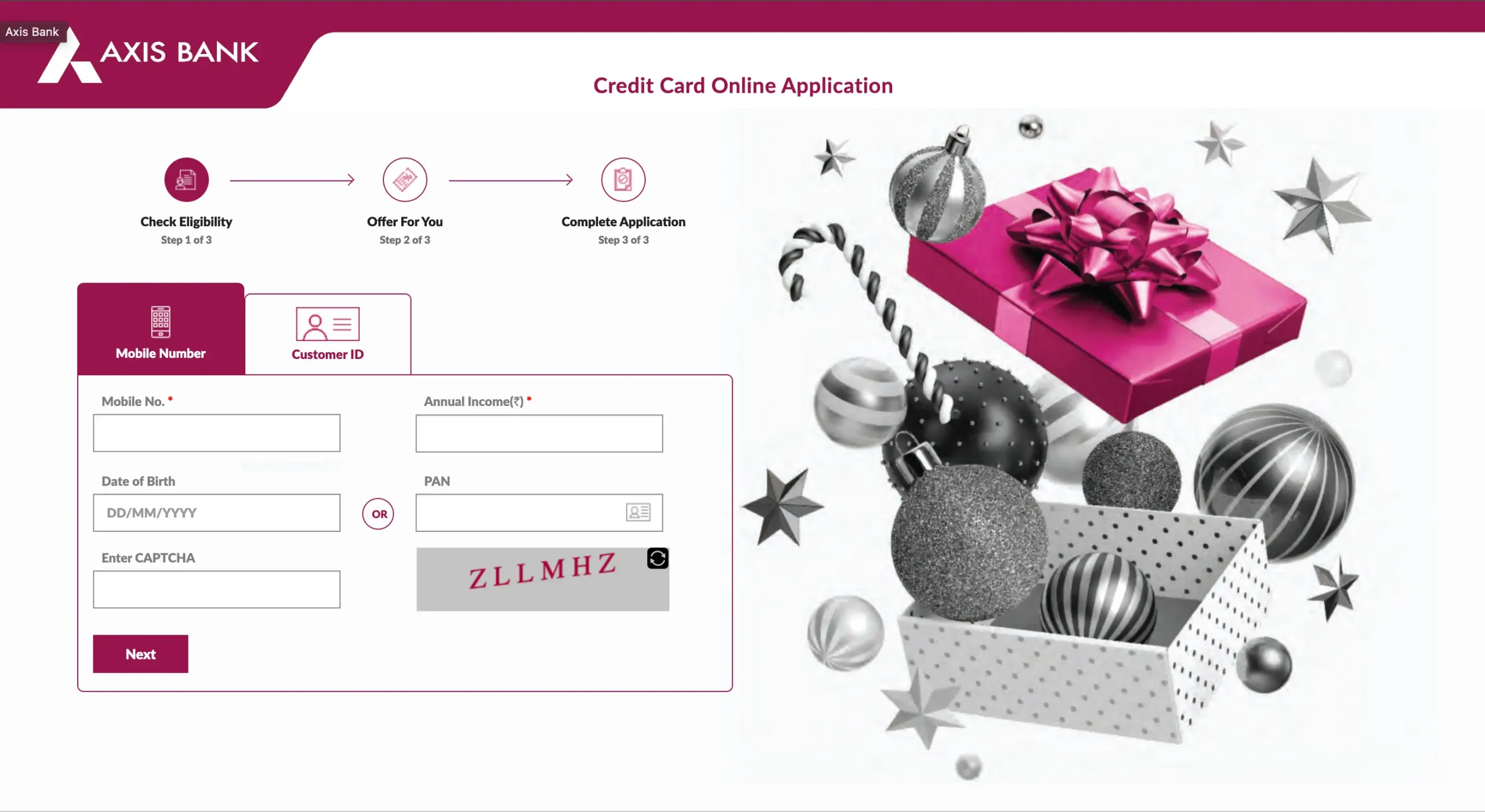 Apply for Axis Neo Credit Card Enter Customer ID