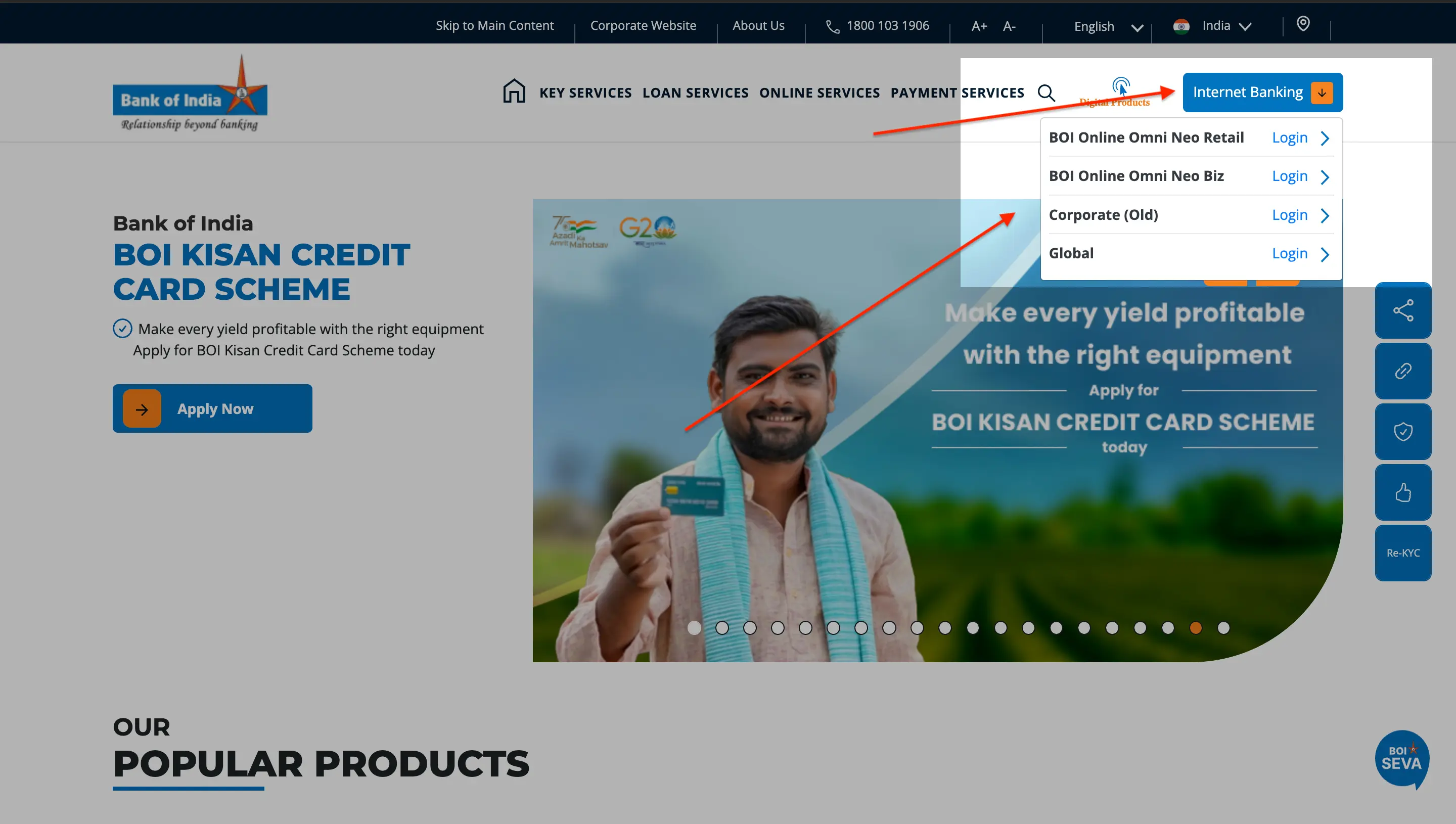 bank of india login option