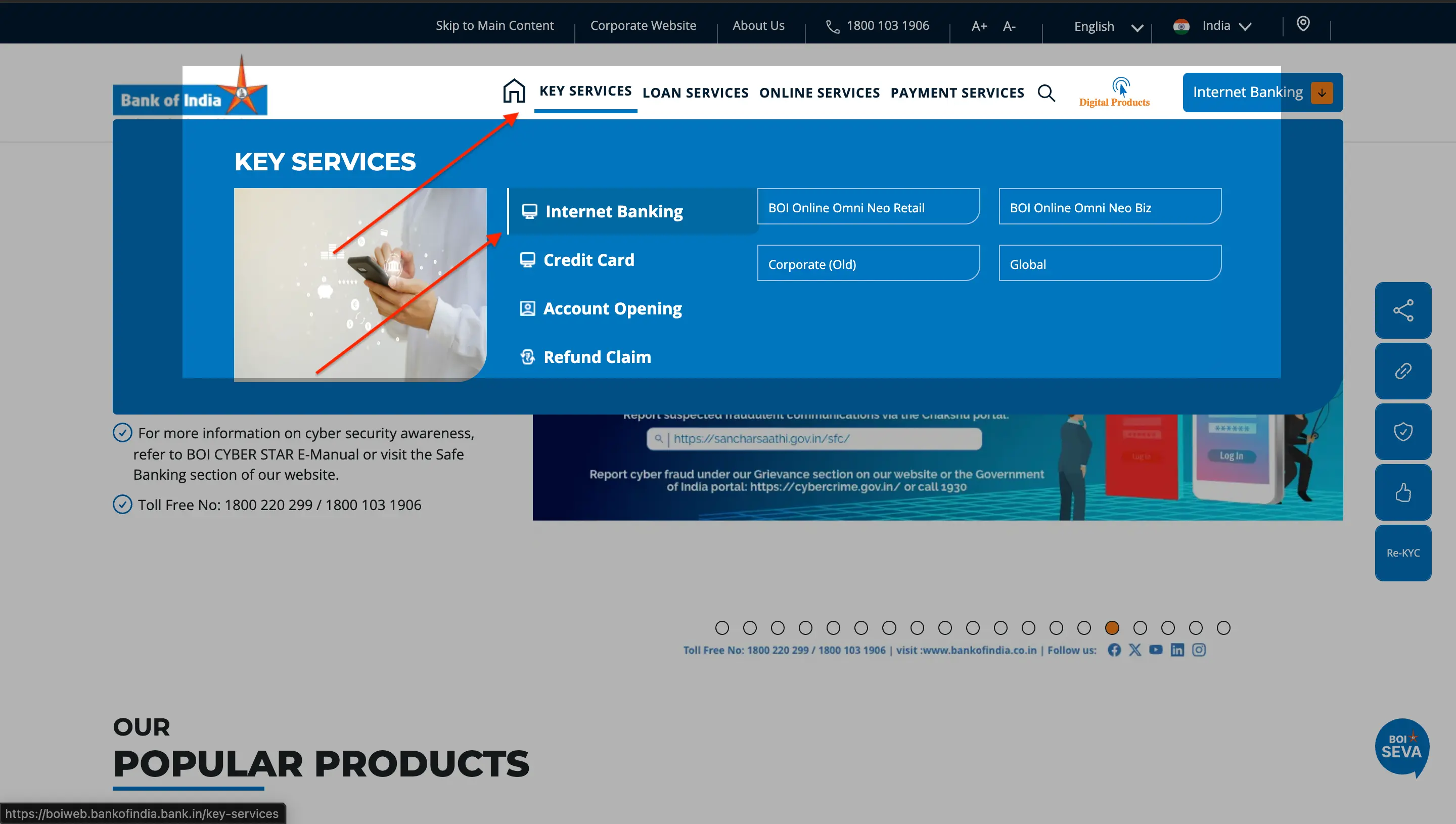 bank of india registration option