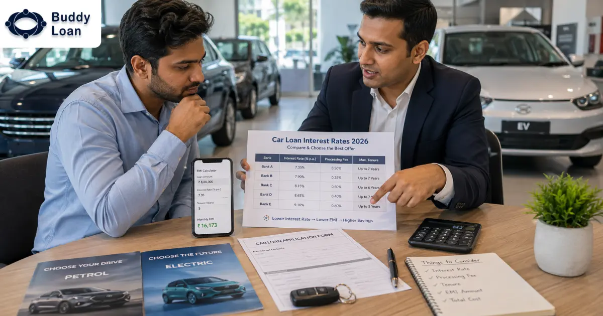 Buyer comparing car loan interest rates and EMI options.