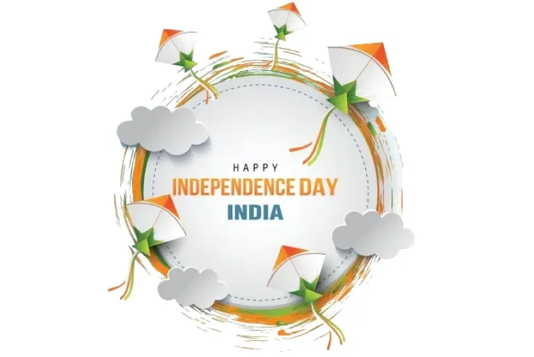 Round image with clouds and Indian printed kites shows that celebrating independence day