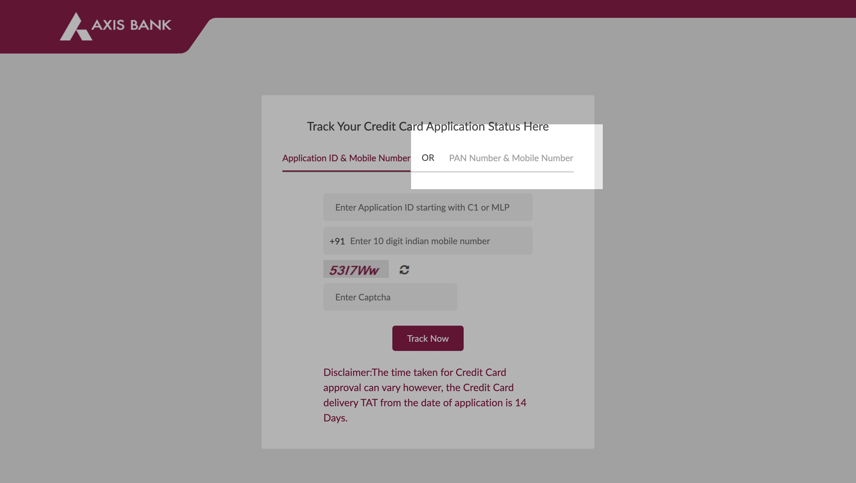 Check Axis Credit Card Status by Mobile & PAN Visual shown to Check Axis Credit Card application status via mobile & PAN. Select the secondary option