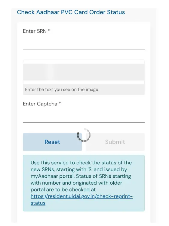 Check Aadhaar PVC card order status SRM interface