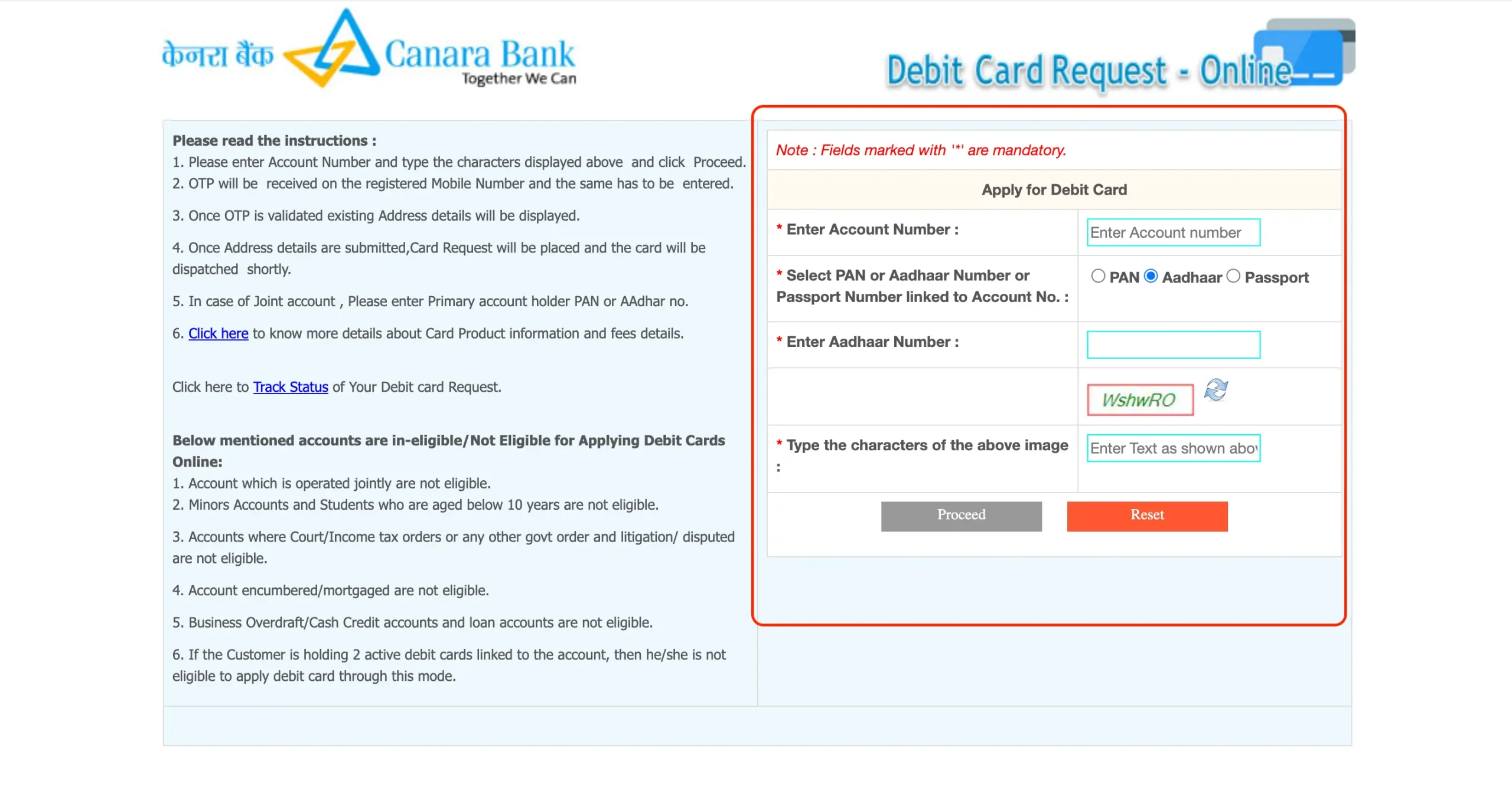 Pan details for canara bank