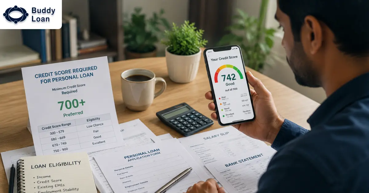 Person checking credit score for personal loan eligibility with loan documents on a desk.