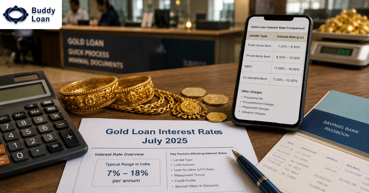 Gold jewellery and loan documents showing gold loan interest rates in India for July 2025.
