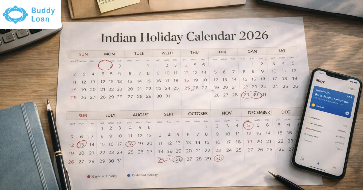 2026 Indian Holiday Calendar with marked dates on a desk. 2026 Indian Holiday Calendar with marked dates on a desk.