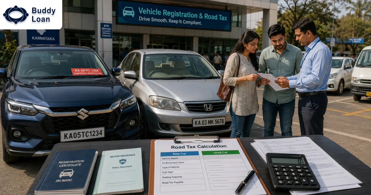 Karnataka vehicle owners reviewing road tax and registration documents at an RTO office.