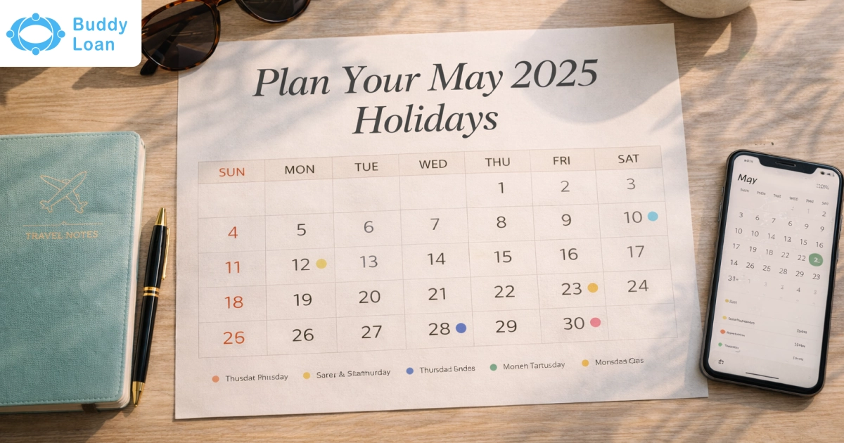 May holiday calendar on a wooden desk with travel notes.
