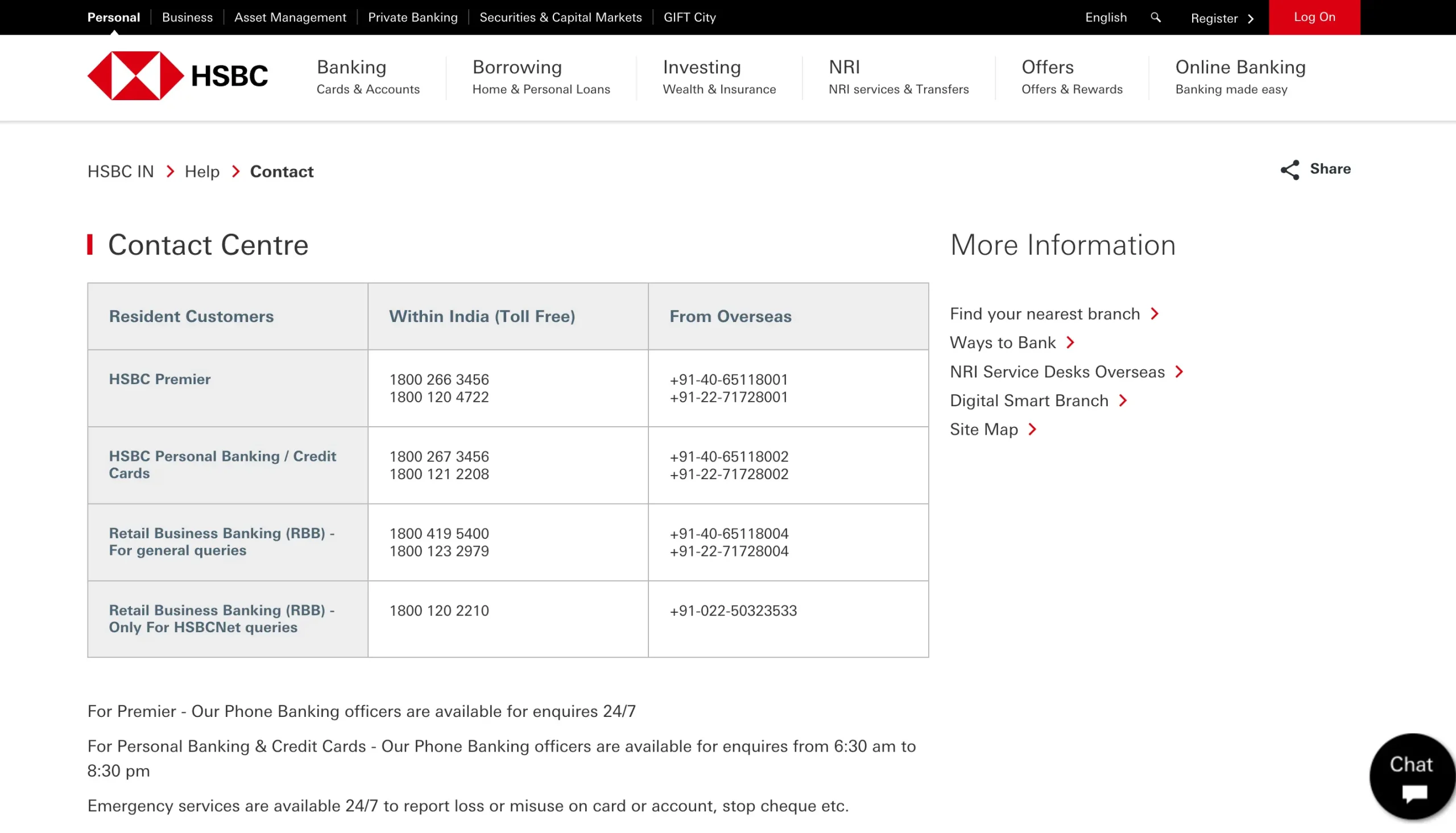 HSBC Contact Us Page
