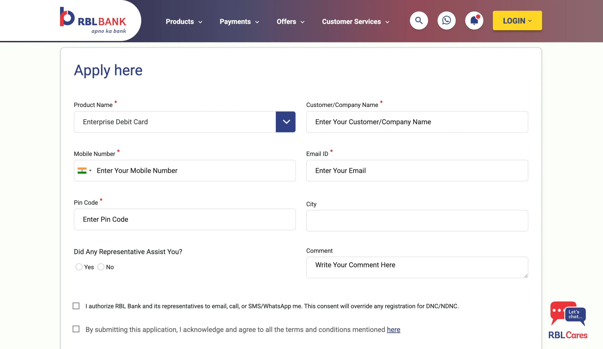 RBL Bank Debit Card application