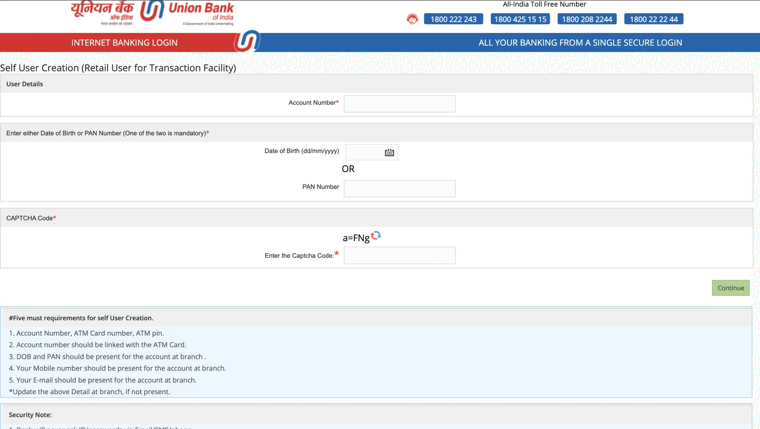 Union Bank NetBanking Fill User Details